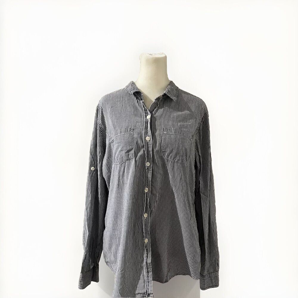 MOSSIMO Women's Gray/White Striped Full Button Down Long Sleeve Shirt Size M
